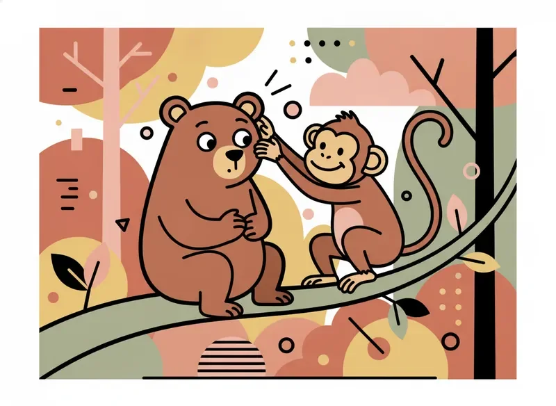 A bear and a monkey sharing a branch in the MixZoo woodland