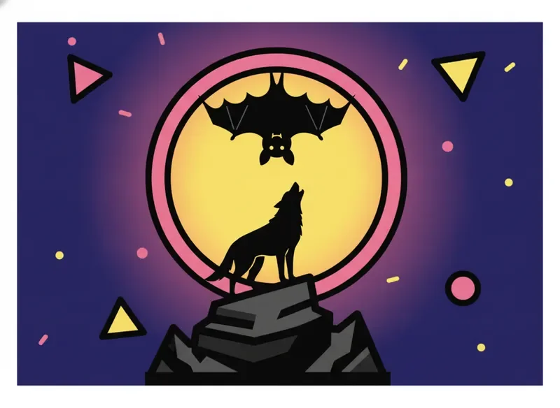 A bat and a wolf beneath the moonlight